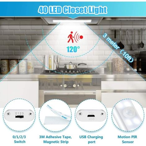 40-LED-Schrankleuchte, bewegungsaktivierte Schrankleuchte, USB-wiederaufladbarer LED-Streifen, 4 Beleuchtungsmodi, magnetisches LED-Nachtlicht (1/4)