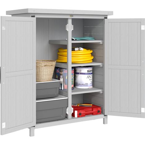 Outsunny caseta de jardín de madera, 75x40x90 cm, armario para almacenaje de herramientas con 4 estantes, 2 puertas y techo de acero galvanizado, gris (1/5)