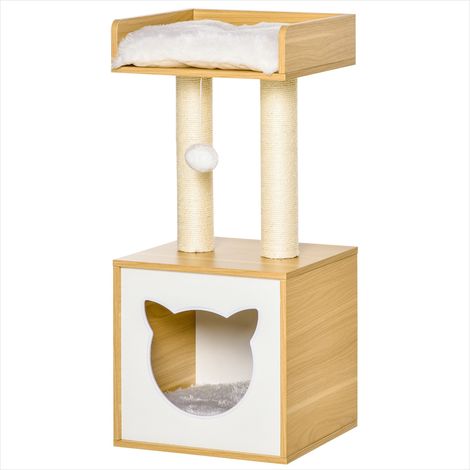 Arbre à chat en peluche courte avec griffoir et niche Chêne (1/5)