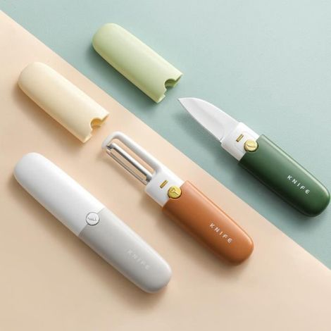 Couteau à fruits portable 2 en 1 - Éplucheur multifonction - Poignée antidérapante - Acier inoxydable - Vert (1/4)