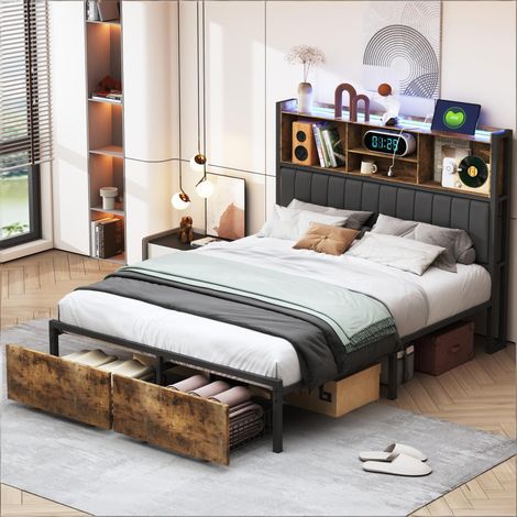 Letto una piazza e mezza 140x200 cm con LED e USB, testiera con archiviazione, rete a doghe in metallo, per adulti e adolescenti, 2 cassetti, marrone scuro (1/5)