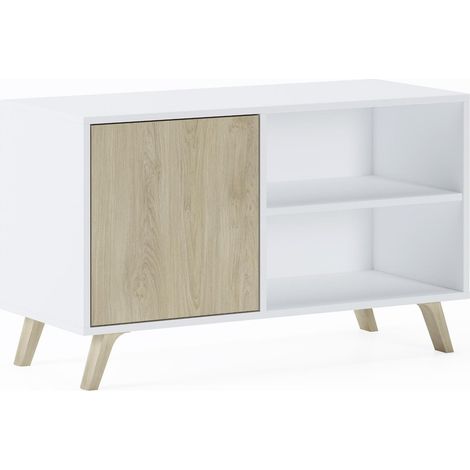Skraut Home - Mueble TV 100 con puerta izquierda, salón comedor, Modelo WIND, color estructura Blanco, color puerta Roble, medidas 95x40x57cm de altura. (1/7)