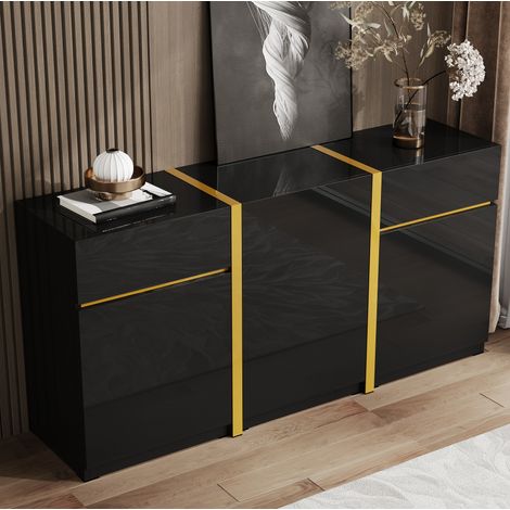 Sideboard aus MDF und Spanplatte, schwarz Hochglanz, 3 Türen, 2 Schubladen, verstellbare Einlegeböden, 160x40x78 cm (1/5)