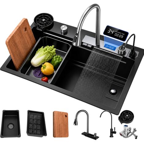 Évier de cuisine intelligent, acier inoxydable professionnel épaissi brossé, grande capacité, lavabo avec affichage numérique