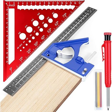 Carpenter Tool Set, Combination Square with Pencil, 300mm/12inch Aluminium Alloy Carpenter Brackets, Adjustable Square Speed in 45/90 Degrees for Tracing, Measuring, Marking (1/5)
