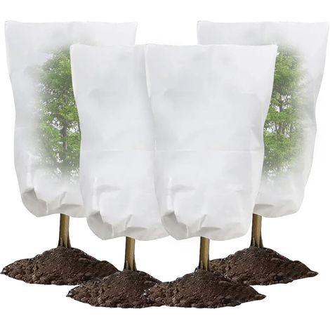Lot de 4 housses de protection contre le gel - 80 x 100 cm - Avec cordon de serrage pour temps froid hivernal - Tissu antigel pour plantes, jeunes arbres (1/5)