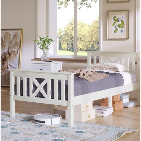 Cama individual de madera maciza blanca 90x200 cm con cabecero en X y somier de láminas incluido (1/5)
