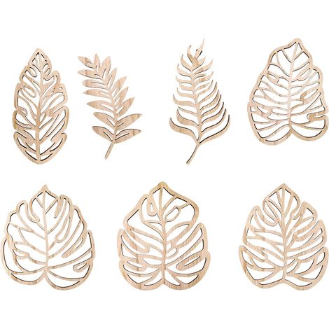 7PCS Art Mural en Bois Feuille de Palmier, Décor Mural Tropical à Suspendre avec Crochet en Métal, Décoration Polyvalente de Style Jungle pour la Maison, les Bureaux et les Cafés, Décorations (1/5)