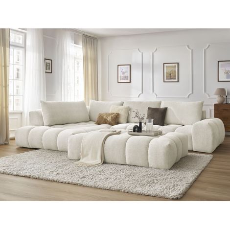 Bobochic – Canapé d'angle fixe 5 places – Tissu chiné blanc – Structure en pin et hêtre – Confort moelleux – Pouf inclus – Design moderne (1/5)