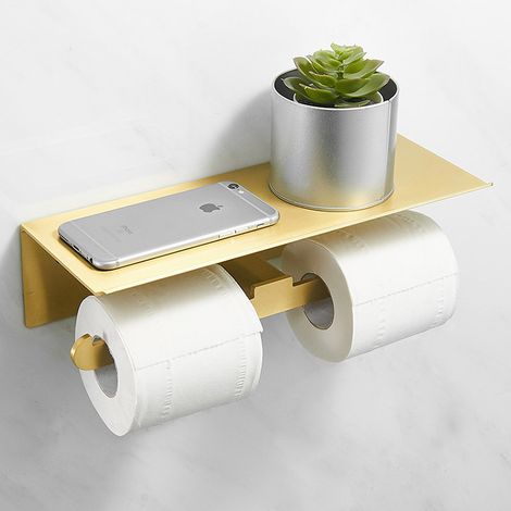Soporte doble para rollos de papel higiénico de aleación de aluminio, no requiere perforación, acabado mate, soporte para teléfono incluido (dorado). (1/5)
