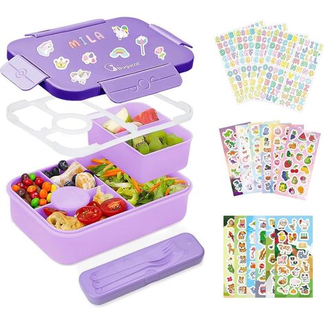 Brotdose Kinder 1300ml auslaufsicher Lunchbox Besteck 6 Fächern lila (1/5)