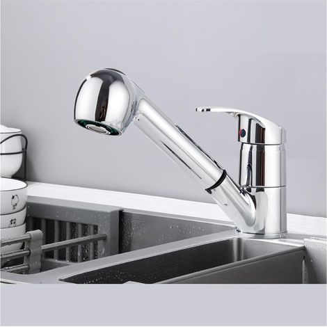 Robinet de cuisine noir, mitigeur chaud-froid à un trou, bec orientable avec douchette extractible, fixation sur plan de travail, finition chromée (Color : Chrome) (1/5)