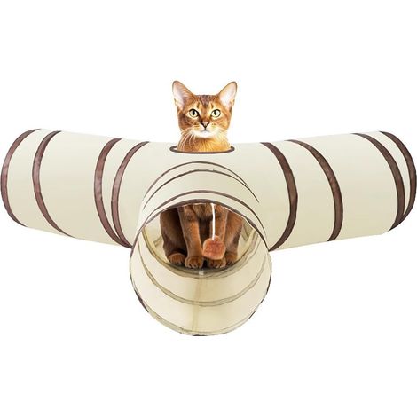 Tunnel pour chat - Tube pliable à 3 voies avec balle de jouet - Tunnel interactif pour chat d'intérieur, chiots, chatons, lapins, petits animaux domestiques (beige) (1/5)