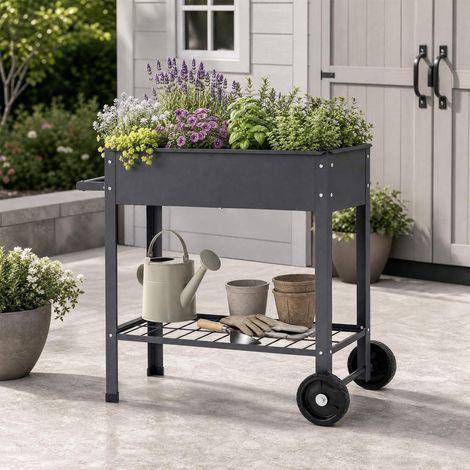 Mobile Metal Raised Garden Bed with Wheels and Shelf (1/4)