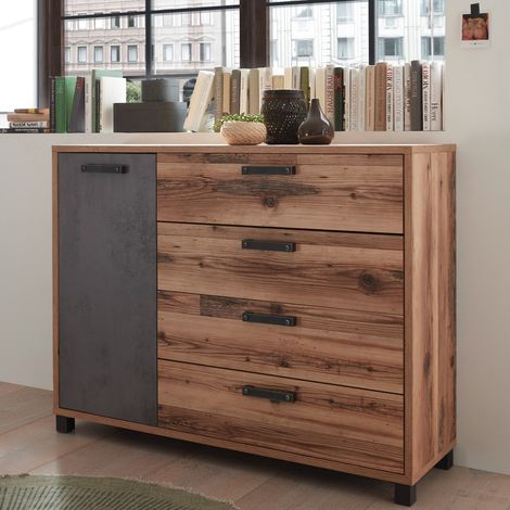 Commode Kalas 125cm avec 1 porte &amp 4 tiroirs - brun/gris (1/5)