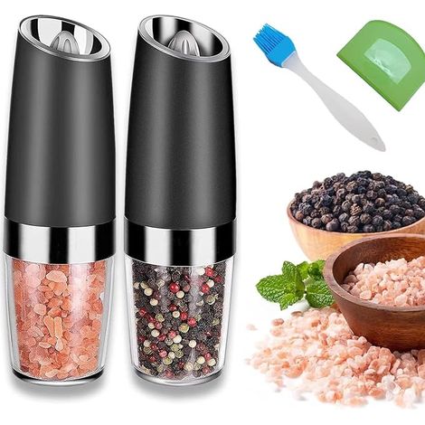 Salz und Pfeffermühle Elektrische set, Salz und Pfeffer Mühle Elektrisch Gewürzmühle, Schwerkraft Aktiviert, Einstellbarer Mahlgrad, mit Blauem LED-Licht, Schwarz, 2 Stück (1/5)