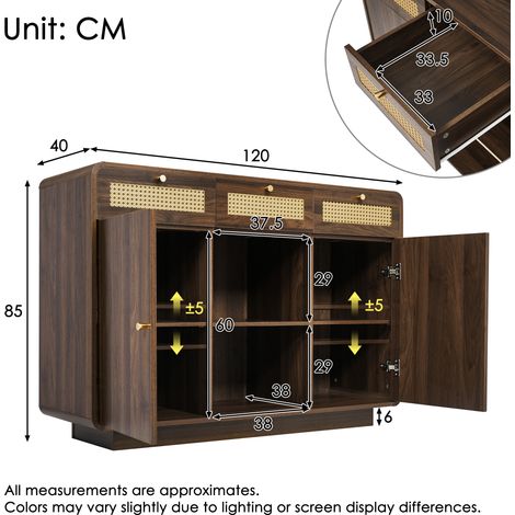 Commode/buffet 120 cm noyer, caisson à tiroirs avec poignées en rotin doré, 3 tiroirs + 2 placards + étagère ouverte, étagères réglables en hauteur, H 85 / L 120 / P 40 cm (1/4)