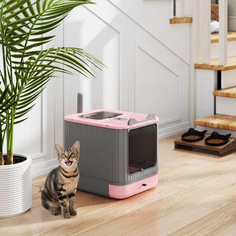 Bac à litière pour chat M avec couvercle à charnière, sortie par le haut, pelle, sacs désodorisants, facile à nettoyer, rose (1/5)