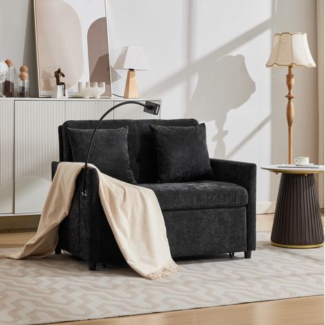 Divano multifunzione 109x72x83.5 cm con porta USB e supporto tablet, tessuto in lino spazzolato, nero (1/5)