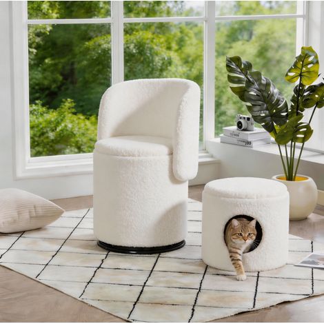 Fauteuil tonneau pivotant blanc en Lammfell-Optik avec rangement intégré et tabouret pour chat (1/5)