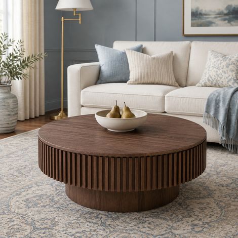 Runder Couchtisch mit Stauraum, 75 cm, MDF mit Nussbaumfurnier, OKWISH (1/5)