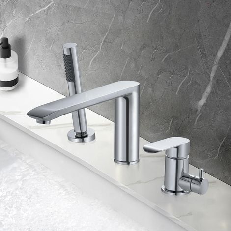 Robinet Baignoire 3 Trous, Robinet de baignoire avec douchette et tuyau, Mélangeur en laiton pour Salle de Bain Chaude et Froide Réglable, Chromé PTBC11E (1/5)