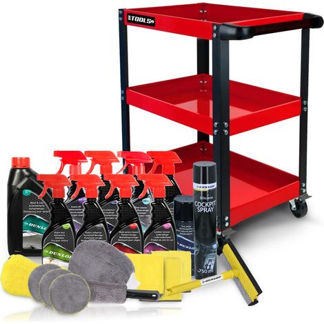 Chariot de Servante 3 Étages sur Roulettes BMTOOLS et Kit Nettoyage Auto Complet 21 Pièces Neutre DUNLOP (Shampoing, Micro, ...)