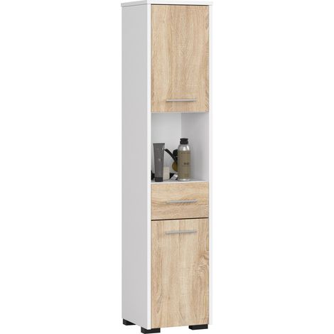 Columna de baño AKORD FIN Blanco 30 cm 2 puertas 1 cajón frente en color Roble Sonoma 5 estantes 30x30x140 cm