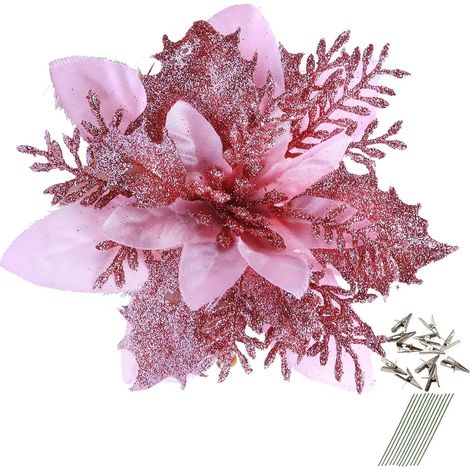 12 étoiles de Noël scintillantes, 14 cm, fleurs artificielles de Noël, avec pinces et tiges, décorations pour sapin, mariage, fête, couronne (rose) (1/5)