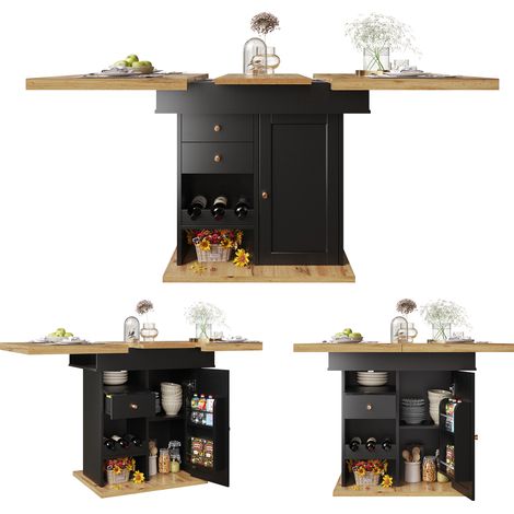Table extensible 110-140x80 cm, design pliable pour 4 à 6 personnes – Gain de place, avec étagère à snacks et porte‑bouteilles, pour cuisine et salon