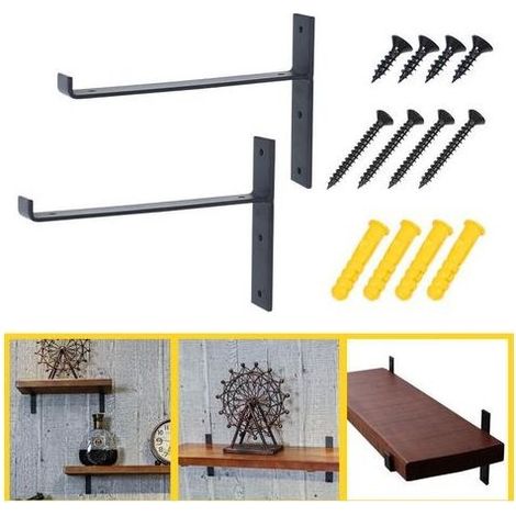 2 Pièces Support D'Étagère Tenture Murale,Support Équerre Étagère en Métal,Supports à Angle Droit Mural en T,Equerre Etagere Industrielle Mural,Largeur 3 cm,avec Vis,Noir(20cm) (1/4)