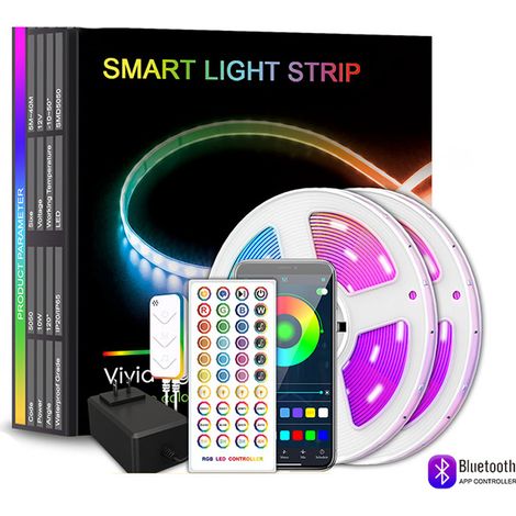 Bande LED RGB Bluetooth - Rouleau de 30 m/40 m, guirlande lumineuse contrôlée par la musique, application intelligente et télécommande, 12 V, intensité variable