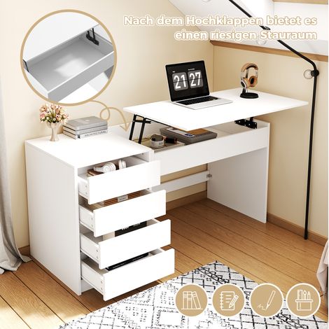 Bureau coiffeuse 120x50 cm réglable 78-92 cm, 4 tiroirs, rangement caché, panneau de particules blanc (1/5)
