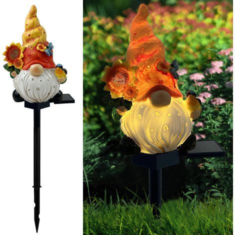 Herbstlicher Solar-Gartenzwerg, Gartenzwergfigur mit Sonnenblumen und Vogel, Solar-Lichterkette für einen Feengarten, Herbstzwergdekorationen für Haus, Garten, Hof, Rasen, Terrasse (gelb)