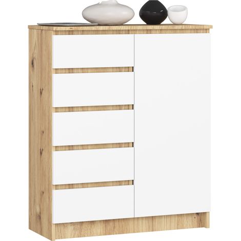 Akord – Commode enfant 80 cm – 1 porte – 5 tiroirs – 3 étagères – Chêne artisanal – Façade blanche – Panneau stratifié – Dimensions 80x35x97 cm