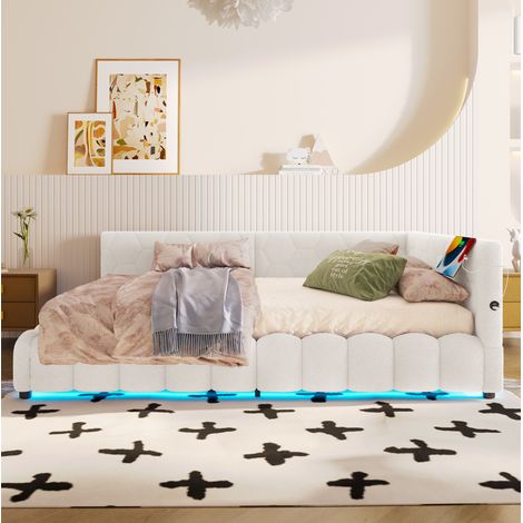 Cama daybed moderna de terciopelo blanco 140x200 cm con cabecero, somier de láminas, arcón hidráulico, LED, USB y Type-C (1/5)