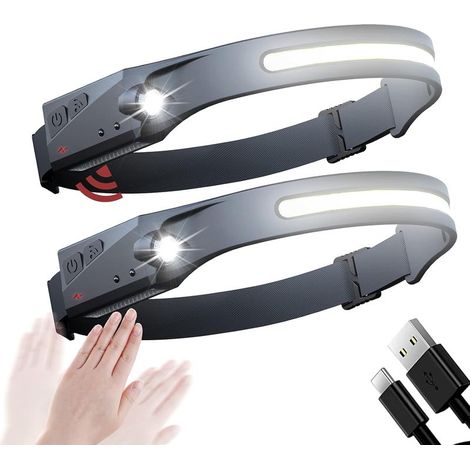 Wiederaufladbare COB-Stirnlampe mit 1200-mAh-Akku und LED-Licht, superhelle XPE-Stirnlampe, 5-fach verstellbar, 70 g, wasserdicht nach IPX4 (x2) (1/5)