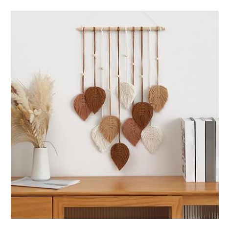Tenture Murale en Macramé, Tapisserie Tissée à Main en Feuilles de Bohème, Décoration Murale en Plumes pour Salon Chambre à Coucher Maison (Marron) 4060cm (1/4)
