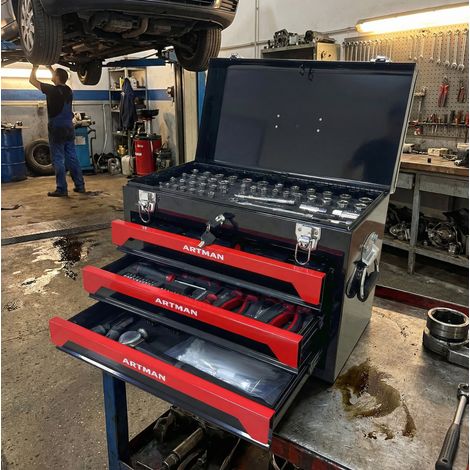 Werkzeugkoffer aus Stahl 50 x 27 x 35 cm, 3 Schubladen, Metallverschlüsse, schwarz und rot HAVRYA (1/5)