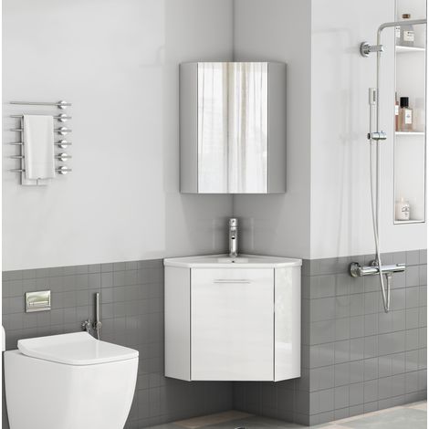 Mobile bagno ad angolo con lavabo e specchio, bianco lucido, MDF HAVRYA (1/5)
