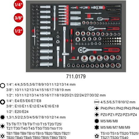 KS TOOLS Jeu de douilles 1/4"+3/8"+1/2" 179 pcs. dans insert de système 1/1 - 711.0179 (1/2)