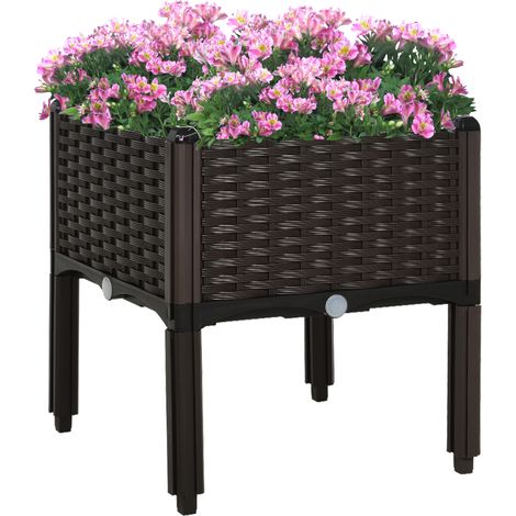 Jardinière surélevée avec trous de drainage, bac à fleurs aspect rotin, plastique, marron, 40 x 40 x 44 cm (1/5)