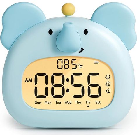 Sveglia a forma di elefante per la cameretta dei bambini, sveglia a forma di elefante blu con luce notturna, funzione di attenuazione, 3 allarmi, volume alto, timer, sveglia regalo per ragazzi (1/5)
