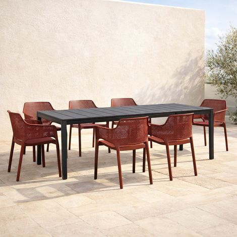 Set tavolo Rio Allungabile 210-280 con 8 sedie Net per esterno e giardino -Antracite / Corallo (1/5)