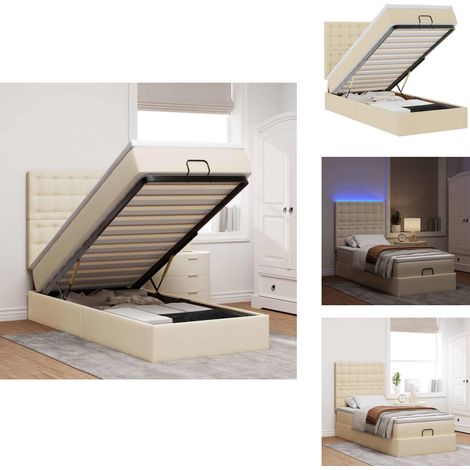 Ottomane Bett mit Matratze & LEDs Creme 90x200 cm Stoff - Ottomanische Betten - Ottomanische Betten - Bettrahmen - Bettrahmen Mit Stauraum (1/5)