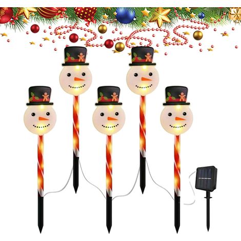 Lot de 5 Piquets De Noël Piquet pour Entrée De Noël,Décorations en Forme De Bonhomme De Neige Solaires Et Réglables pour Jardin, Terrasse