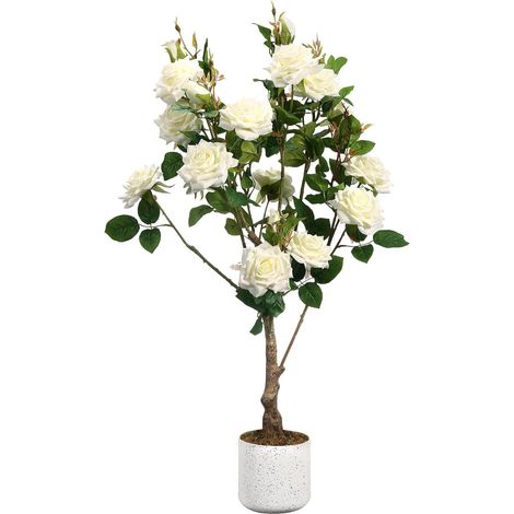Arbre à Roses Artificiel 80 cm, Roses Blanches de Printemps avec Tige Écologique, Feuilles en Tissu Polyester, Plante Artificielle pour Décoration Intérieur Extérieur Maison Jardin (1/3)