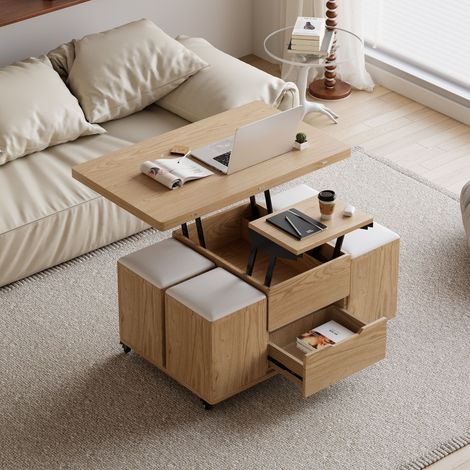 Table basse relevable 100 cm Naturel– 4 tabourets et rangement – Plateau hydraulique – Roulettes verrouillables