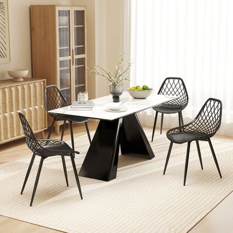 Lot de 4 chaises de salle de salle à manger s avec dossier courbé perforé et pieds métalliques, plastique pour cuisine, noires (1/4)