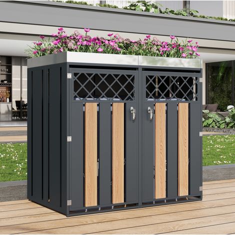 Müllebox mit Pflanzkasten, 2 Fächer, verzinkter Stahl grau und Holzoptik HAVRYA (1/5)